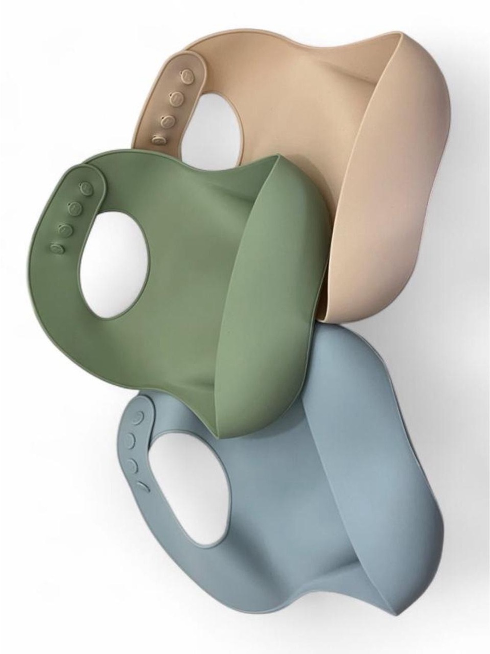3 Silicone Baby Food Catching Feeding Bibs Gender Neutral Blue Green Tan NWOT
